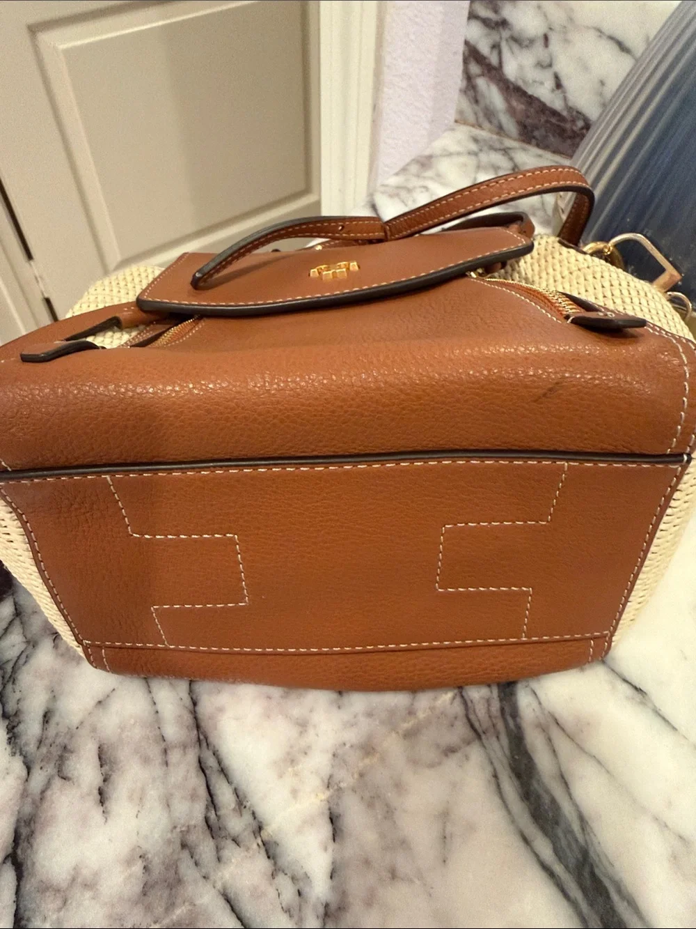 Tory Burch Tan Leather & Cream Woven Crossbody Satchel